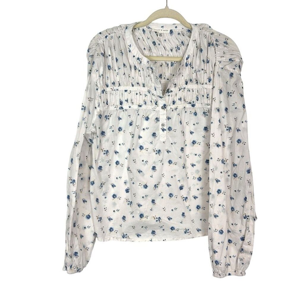 Flint & Moss Blouse Top XL White Blue Floral Long Sleeve ruched cottagecore